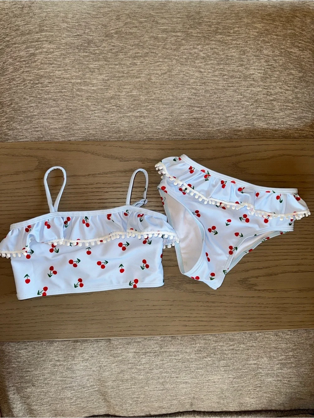 SHEIN White Cherry Print Ruffle Bikini Set with Pom Trim